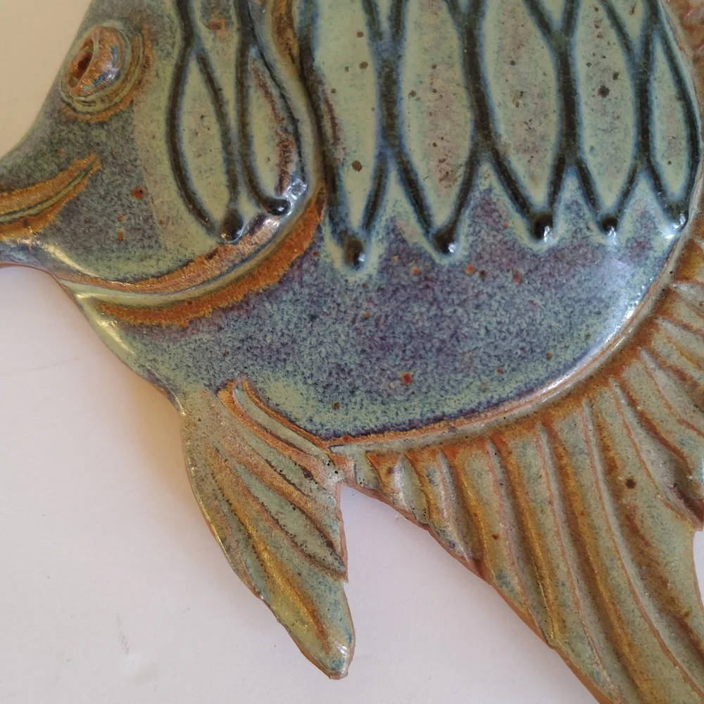 Handcrafted Green Ceramic Fish Wall Accent - Decorative Fish Plaque 8x8